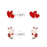 Children's Sterling Silver Set of 2 Pairs of Love Bug Themed Stud Earrings