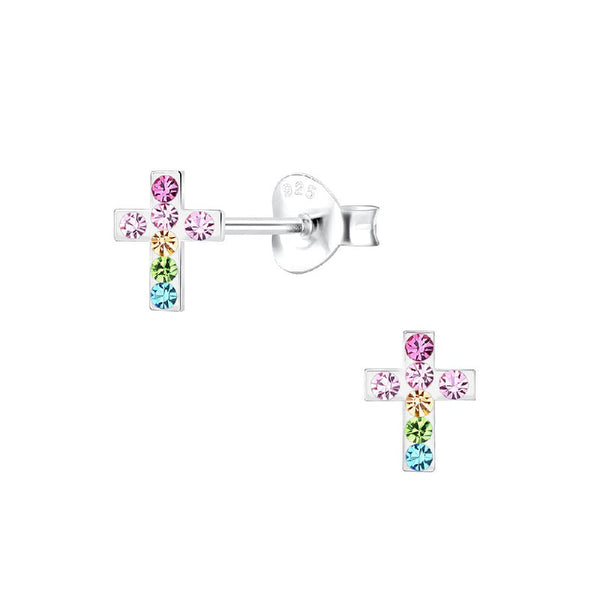 Children's Sterling Silver Multicoloured Crystal Cross Stud Earrings