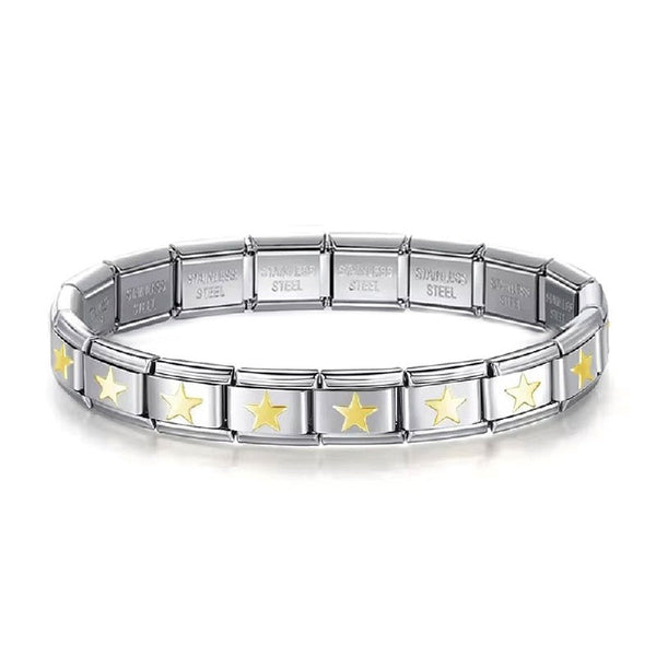 Stainless Steel 18 Link Shiny Italian Charm Starter Bracelet (GOLD STAR Links)- Classic 9mm Size