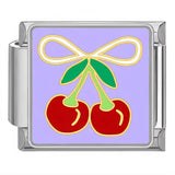 Stainless Steel 9mm Shiny 'Cherries on Purple Background' Link for Italian Charm Bracelet