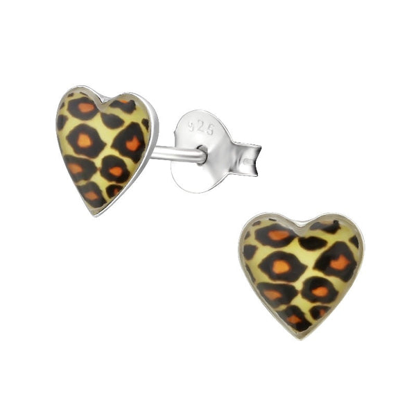 Children's Sterling Silver 'Leopard Print Heart' Stud Earrings