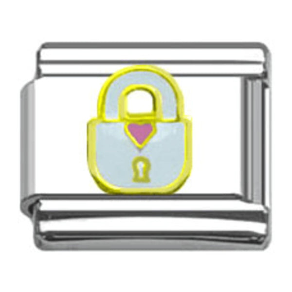 Stainless Steel 9mm Shiny 'White Padlock with Pink Heart' Link for Italian Charm Bracelet
