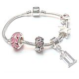 Children's 'Pink Crystal Happy 11th Birthday' Silver Plated Charm Bead Bracelet