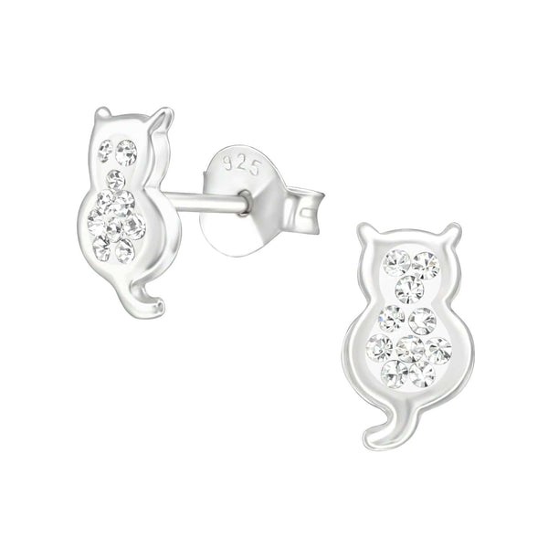 Children's Sterling Silver Crystal Cat Stud Earrings