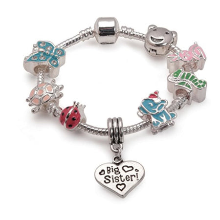 Children's Big Sister 'Pink Teddy' Silver Plated Charm Bead Bracelet