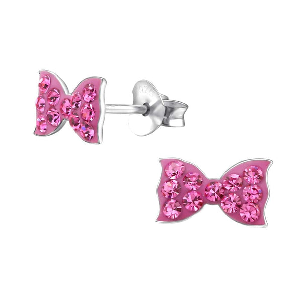 Children's Sterling Silver Pink Crystal Bow Stud Earrings