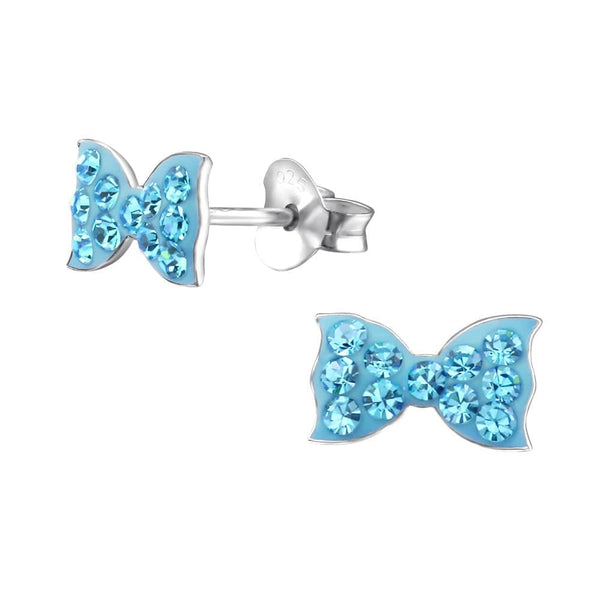 Children's Sterling Silver Blue Crystal Bow Stud Earrings