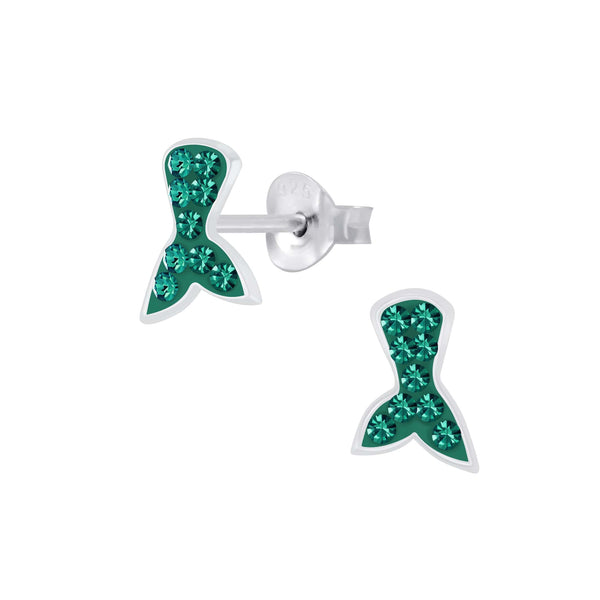 Children's Sterling Silver 'Emerald Green Sparkle Mermaid Tail' Stud Earrings