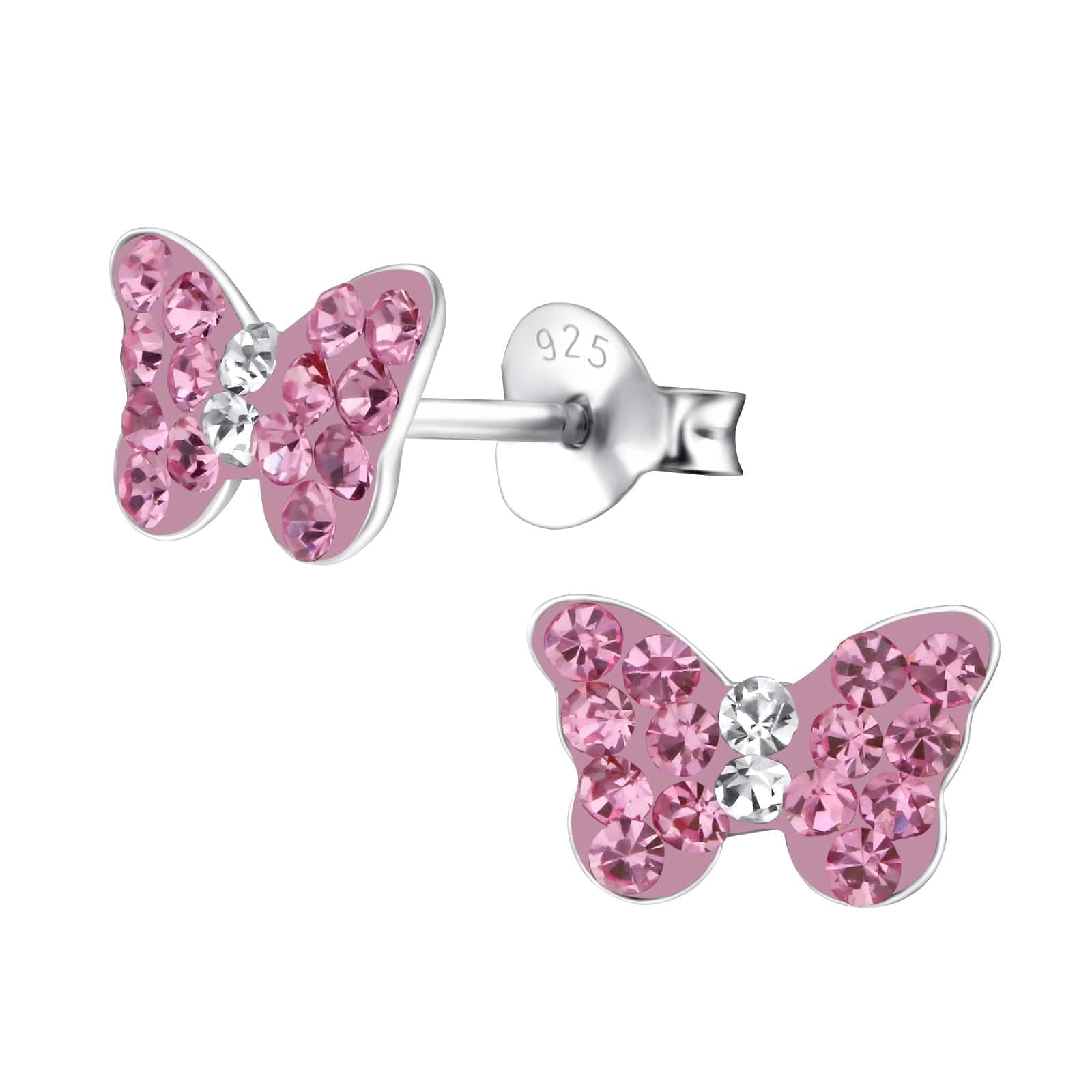 Sterling Silver Crystal Stud Earrings For Girls - Pink & Purple, Butterfly Back