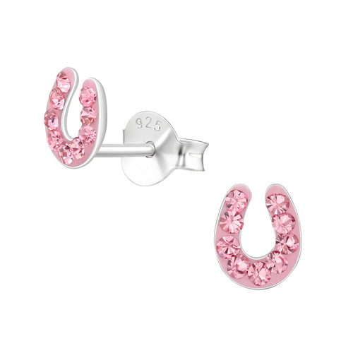 Children's Sterling Silver 'Pink Sparkle Horseshoe' Crystal Stud Earrings