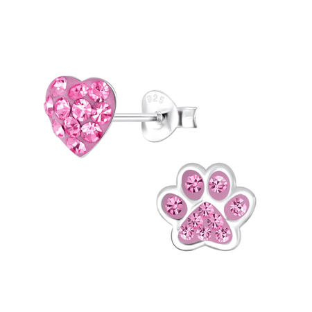 Children's Sterling Silver 'Pink and Multicoloured Crystal Paw' Screw Back Stud Earrings
