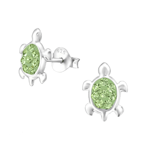 Children's Sterling Silver 'Peridot Green Sparkle Turtle/Tortoise' Crystal Stud Earrings