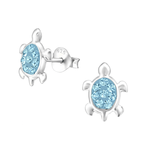 Children's Sterling Silver 'Aqua Blue Sparkle Turtle/Tortoise' Crystal Stud Earrings