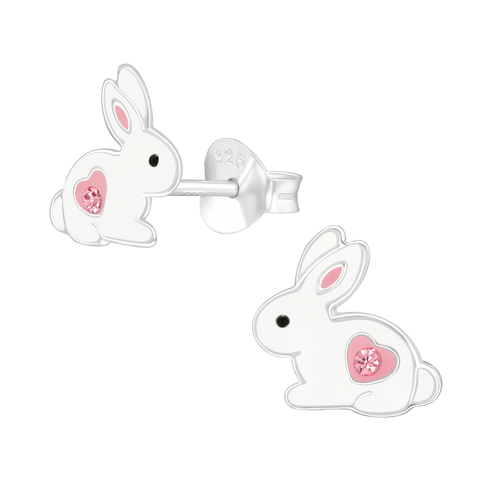Children's Sterling Silver 'White Bunny Rabbit With Pink Crystal Heart' Stud Earrings