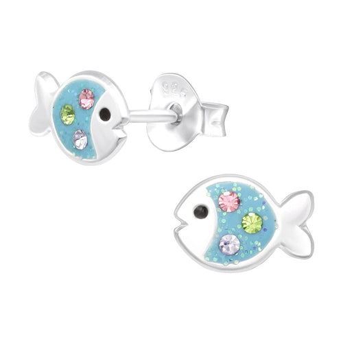 Children's Sterling Silver 'Blue Glitter Fish with Crystal' Stud Earrings