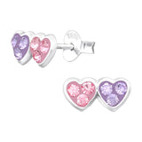 Children's Sterling Silver 'Pink and Purple Double Crystal Heart' Stud Earrings