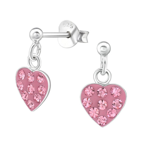 Children's Sterling Silver 'Pink Crystal Drop Heart' Stud Earrings
