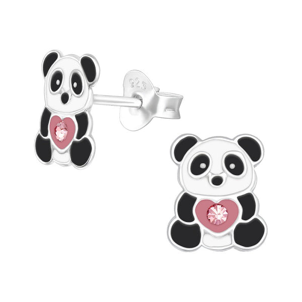 Children's Sterling Silver 'Cute Panda with Crystal' Stud Earrings