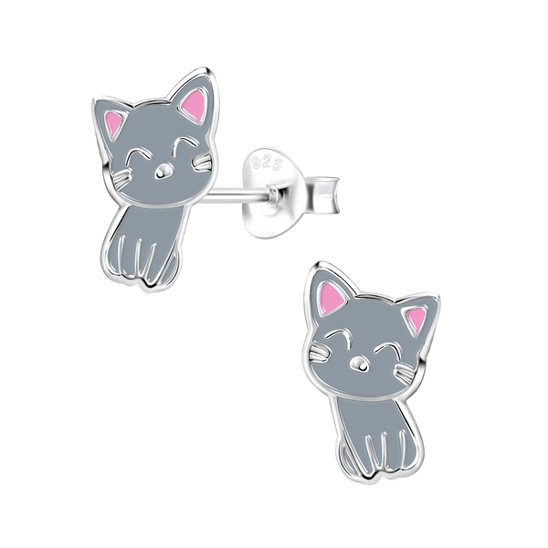 Children's Sterling Silver 'Cute Grey Cat' Stud Earrings