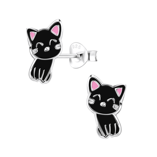 Children's Sterling Silver 'Cute Black Cat' Stud Earrings