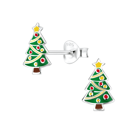 Children's Sterling Silver 'Christmas Tree with Red Baubles' Hoop Earrings