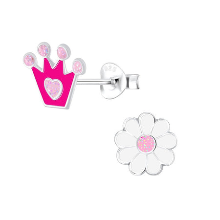 Children's Sterling Silver Pink and Clear Diamante Flower Stud Earrings