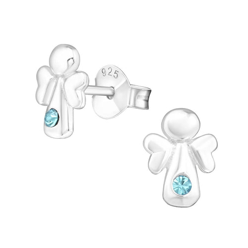 Children's Sterling Silver 'Angel with Blue Diamante' Stud Earrings