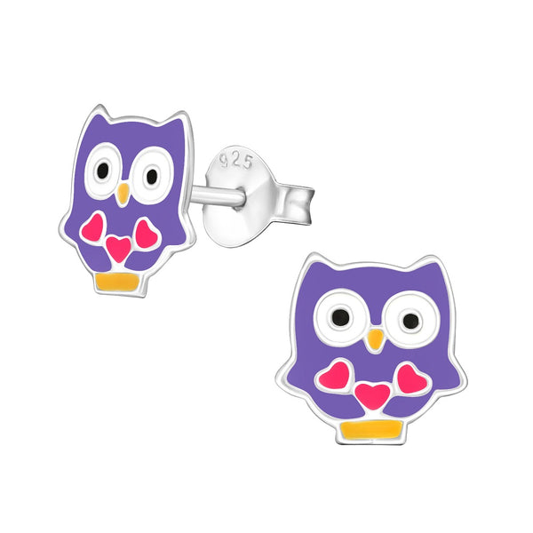 Children's Sterling Silver Purple Owl Stud Earrings