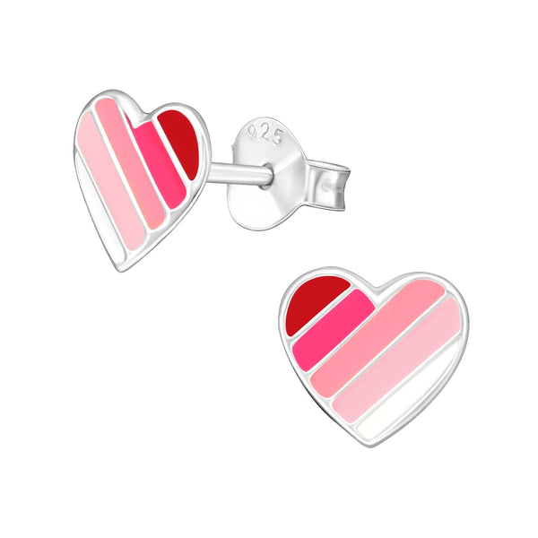 Children's Sterling Silver 'Pink Striped Heart' Stud Earrings
