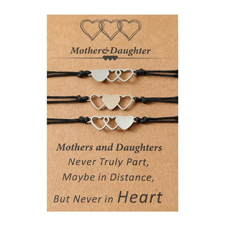 Adjustable Mother and Daughters Heart Trio Wish Bracelets with Presentation Card - Dark Pink