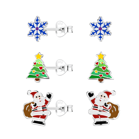 Children's Sterling Silver Set of 3 Pairs of Christmas Sparkle Themed Stud Earrings