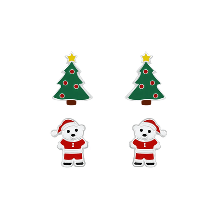 Children's Sterling Silver Set of 3 Pairs of Christmas Cheer Themed Stud Earrings
