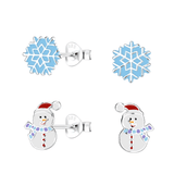 Children's Sterling Silver Set of 2 Pairs of Christmas Snowman and Snowflake Stud Earrings