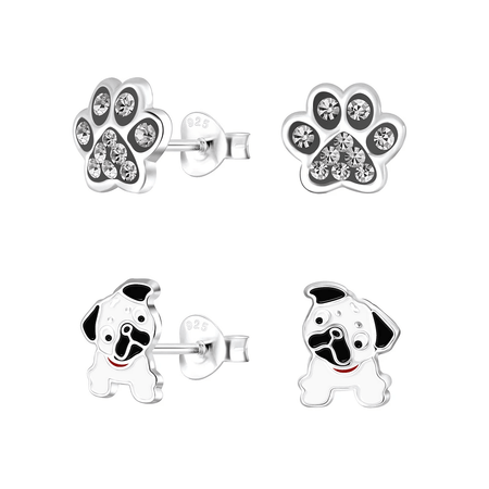 Children's Sterling Silver Set of 2 Pairs of 'I love Cats' Stud Earrings