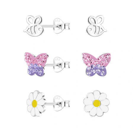 Children's Sterling Silver Set of 3 Pairs of Summer Garden Themed Stud Earrings