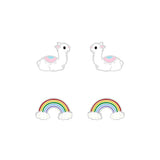Children's Sterling Silver Set of 2 Pairs of Sparkle Rainbow and Llama/Alpaca Stud Earrings
