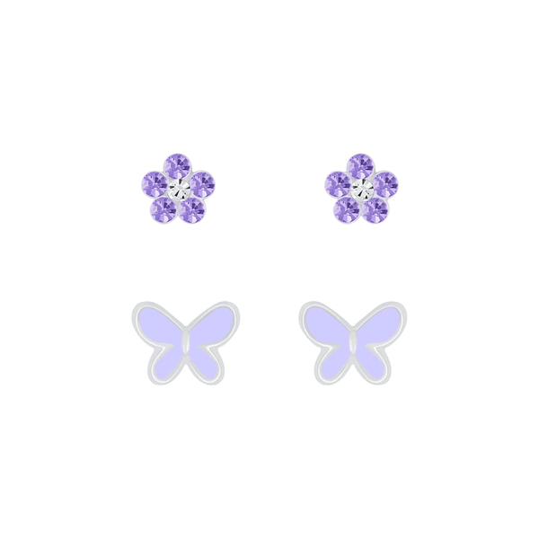 Children's Sterling Silver Set of 2 Pairs of Purple Themed Stud Earrings