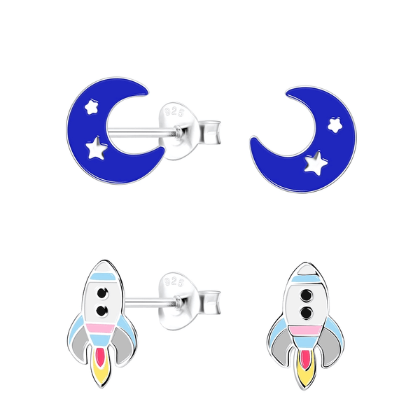 Children's Sterling Silver Set of 2 Pairs of Space Themed Stud Earrings