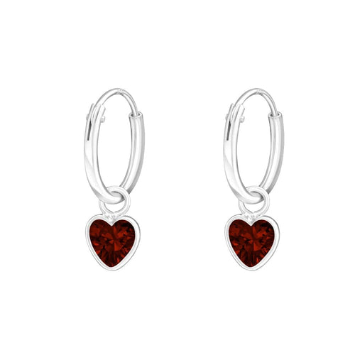 Children's Sterling Silver 'Ruby Red Crystal Heart' Hoop Earrings