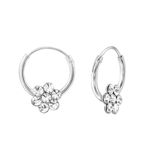 Children's Sterling Silver 'Clear Diamante Crystal Flower' Hoop Earrings