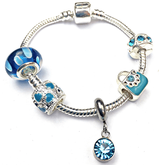 Children's March Birthstone Bracelet Aqua Crystal Silver