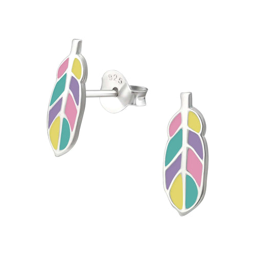 Children's Sterling Silver 'Colourful Feather' Stud Earrings
