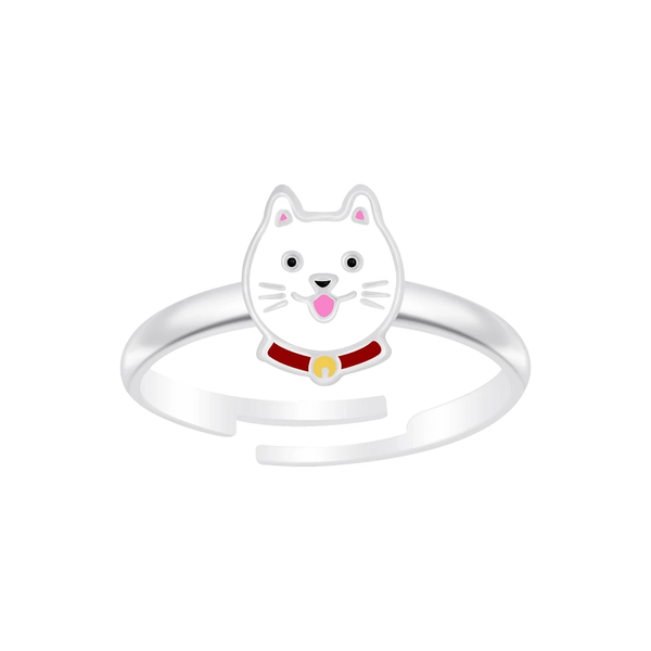 Children's Sterling Silver Adjustable White Cat Ring