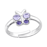 Children's Sterling Silver Adjustable Purple Crystal Butterfly Ring