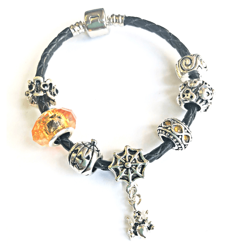 Children's 'Trick or Treat' Halloween Black Leather Charm Bracelet