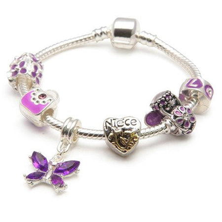 Children's Purple 'Happy 3rd Birthday' Silver Plated Charm Bead Bracelet