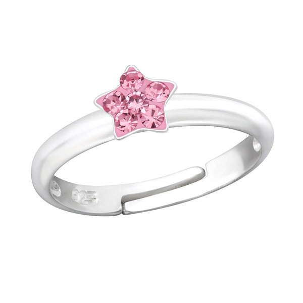Children's Sterling Silver Adjustable Pink Diamante Star Ring