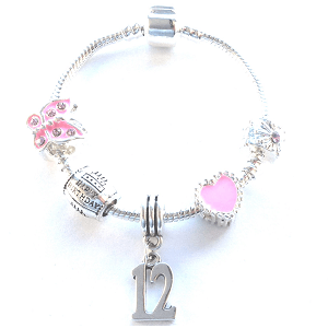 Children's 'Pink Crystal Happy 12th Birthday' Silver Plated Charm Bead Bracelet