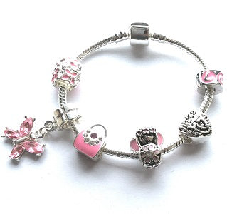 Children's Niece 'Simply Black' Silver Plated Black Leather Charm Bead Bracelet