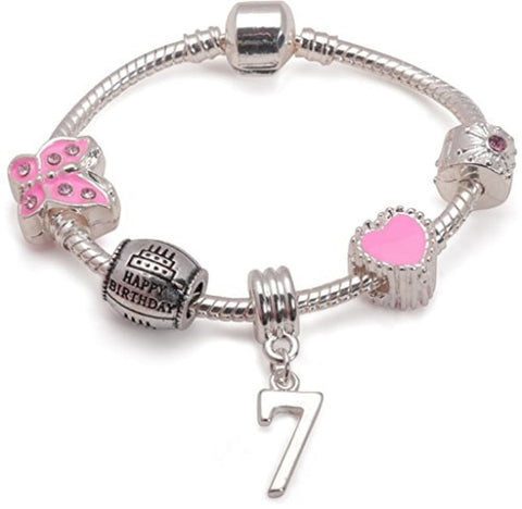 Children's Pink 'Happy 9th Birthday' Silver Plated Charm Bead Bracelet 6 11/16 / Silver